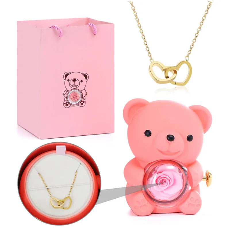 Engraved Necklace Teddy Bear Eternal Rose Gift Box with Rotate Rose Jewelry Box for Girl Valentines Christmas Gifts