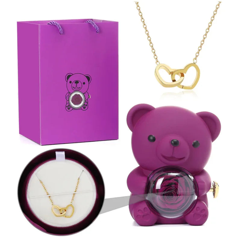 Engraved Necklace Teddy Bear Eternal Rose Gift Box with Rotate Rose Jewelry Box for Girl Valentines Christmas Gifts