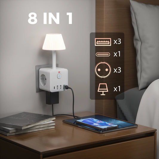 8-in-1 Output Power Outlet with Overload Protection with Desk Lamp, 3 Receptacles, 3 USB Ports, 1 Type-C Port, and Switch; for h