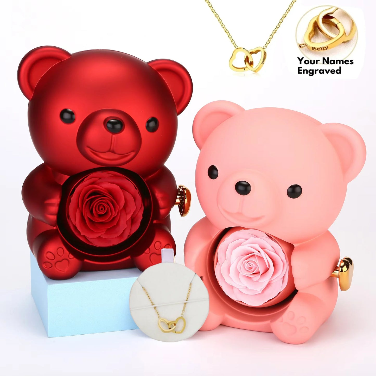 Engraved Necklace Teddy Bear Eternal Rose Gift Box with Rotate Rose Jewelry Box for Girl Valentines Christmas Gifts