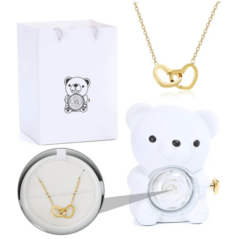 Engraved Necklace Teddy Bear Eternal Rose Gift Box with Rotate Rose Jewelry Box for Girl Valentines Christmas Gifts