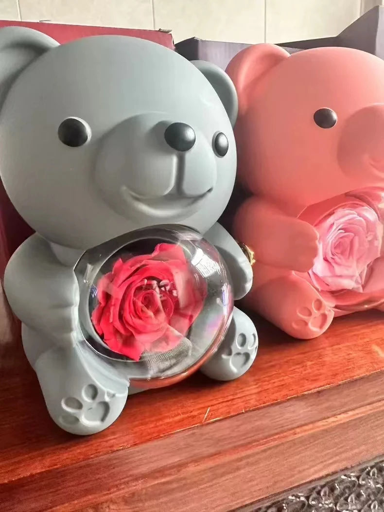 Engraved Necklace Teddy Bear Eternal Rose Gift Box with Rotate Rose Jewelry Box for Girl Valentines Christmas Gifts