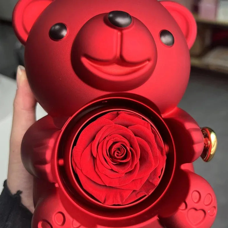 Engraved Necklace Teddy Bear Eternal Rose Gift Box with Rotate Rose Jewelry Box for Girl Valentines Christmas Gifts