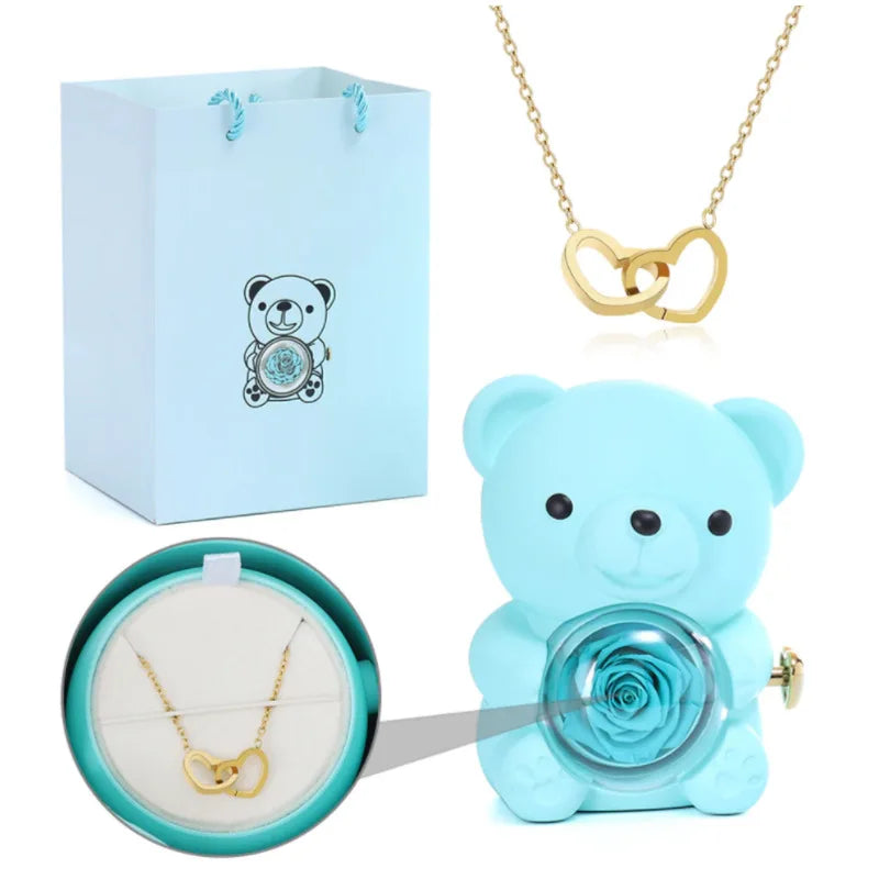 Engraved Necklace Teddy Bear Eternal Rose Gift Box with Rotate Rose Jewelry Box for Girl Valentines Christmas Gifts