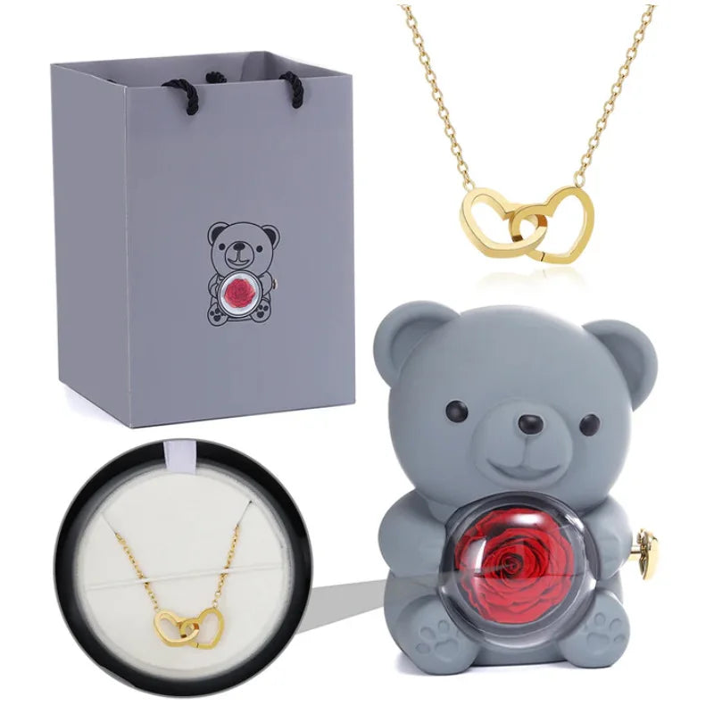 Engraved Necklace Teddy Bear Eternal Rose Gift Box with Rotate Rose Jewelry Box for Girl Valentines Christmas Gifts