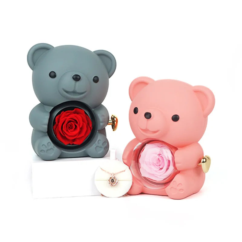 Engraved Necklace Teddy Bear Eternal Rose Gift Box with Rotate Rose Jewelry Box for Girl Valentines Christmas Gifts