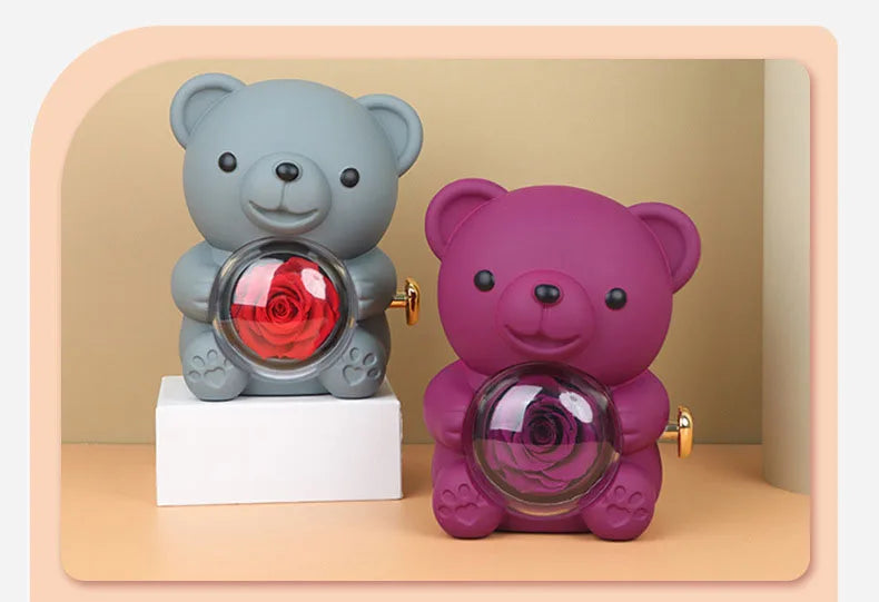 Engraved Necklace Teddy Bear Eternal Rose Gift Box with Rotate Rose Jewelry Box for Girl Valentines Christmas Gifts