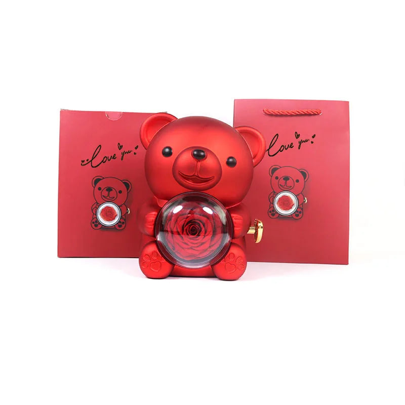 Engraved Necklace Teddy Bear Eternal Rose Gift Box with Rotate Rose Jewelry Box for Girl Valentines Christmas Gifts