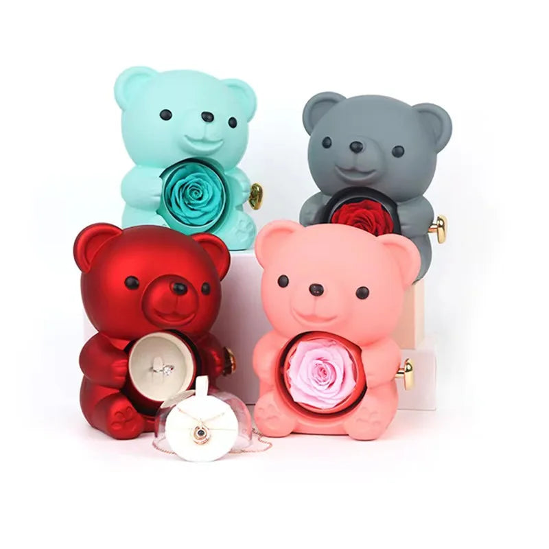 Engraved Necklace Teddy Bear Eternal Rose Gift Box with Rotate Rose Jewelry Box for Girl Valentines Christmas Gifts