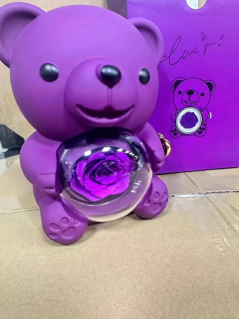 Engraved Necklace Teddy Bear Eternal Rose Gift Box with Rotate Rose Jewelry Box for Girl Valentines Christmas Gifts